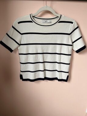 ZARA Striped Crewneck Cropped Short Sleeve Knit Tee S